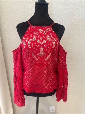 Bardot Red Lace Cold-Shoulder Halter Blouse